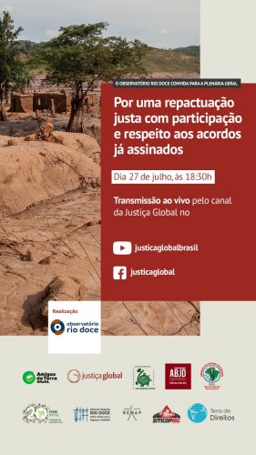 Plenária do Observatório Rio Doce acontece hoje por meio das redes da Justiça Global