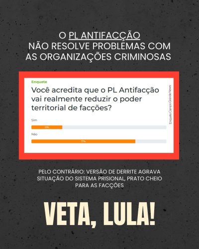 ⚠️ URGENTE: o PL Antifacção pode ser sancionado a qualquer momento  E o problema é sério.  Comenta aqui e marca: @lulaoficial @govbr @casacivilbr Precisamos fazer chegar: VETA, LULA!  O projeto não enfrenta o crime organizado de verdade. Ele amplia o encarceramento, piora o sistema prisional e pode atingir quem não está no comando, moradores, famílias, movimentos sociais.  Agora é a hora de pressionar.  Se esse projeto for sancionado como está, o impacto será profundo e nas pessoas de sempre.  Vamos juntos fazer nossa voz chegar antes da decisão final.