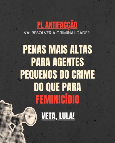 ⚠️ URGENTE: o PL Antifacção pode ser sancionado a qualquer momento  E o problema é sério.  Comenta aqui e marca: @lulaoficial @govbr @casacivilbr Precisamos fazer chegar: VETA, LULA!  O projeto não enfrenta o crime organizado de verdade. Ele amplia o encarceramento, piora o sistema prisional e pode atingir quem não está no comando, moradores, famílias, movimentos sociais.  Agora é a hora de pressionar.  Se esse projeto for sancionado como está, o impacto será profundo e nas pessoas de sempre.  Vamos juntos fazer nossa voz chegar antes da decisão final.